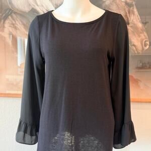 0107 LOFT Black sheer blouse with ruffle sleeves, size M